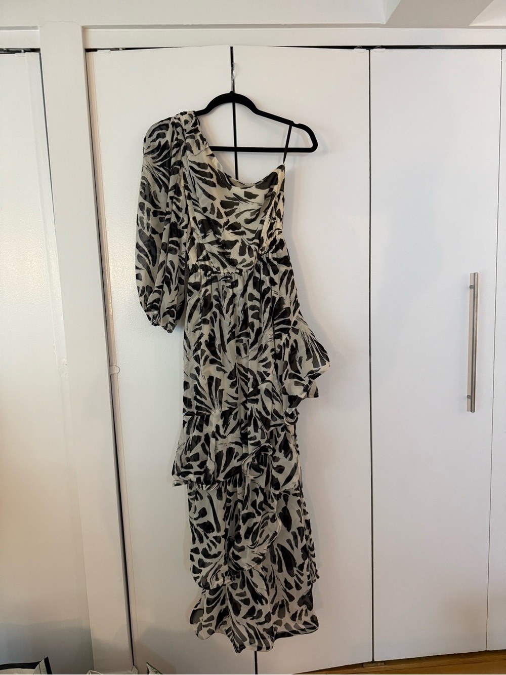 Alexis x Target One-Shoulder Ruffled Leaf-Print Maxi Dress - Black & Cream